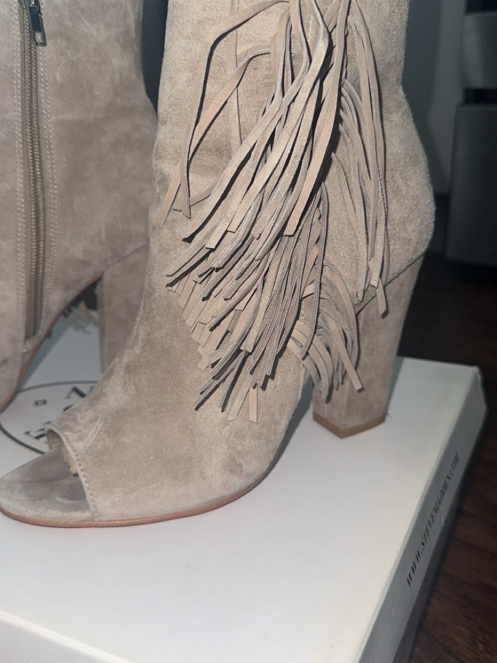 Steve Madden Taupe Suede Fringe Peep-Toe Block Heel Boots
